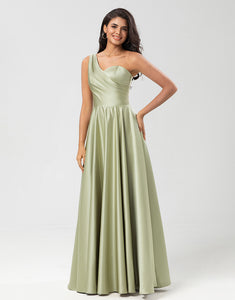 One Shoulder Satin Green Bridesmaid Dress with Pockets