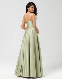 One Shoulder Satin Green Bridesmaid Dress with Pockets