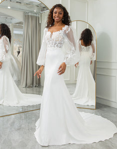 Ivory A Line Lace Long Sleeve Long Bridal Dress