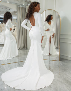 Mermaid V-Neck Long Sleeve Wedding Dress With Slit