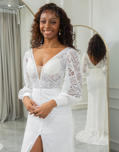 Mermaid Lace V-Neck Long Sleeve Wedding Dress With Slit