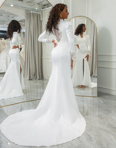 Elegant Ivory Mermaid High Neck Long Sleeve Modest Wedding Dress
