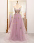 Mauve A Line Tulle Beaded Long Prom Dress With Appliques
