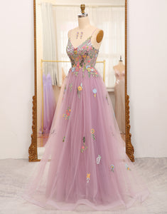 Mauve A Line Tulle Beaded Long Prom Dress With Appliques