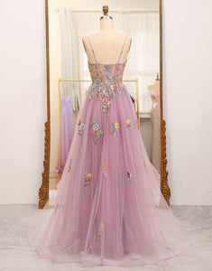 Mauve A Line Tulle Beaded Long Prom Dress With Appliques