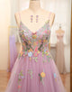 Mauve A Line Tulle Beaded Long Prom Dress With Appliques
