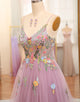 Mauve A Line Tulle Beaded Long Prom Dress With Appliques