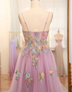 Mauve A Line Tulle Beaded Long Prom Dress With Appliques