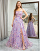 Mauve A Line Spaghetti Strap Appliqued Long Prom Dress With Slit