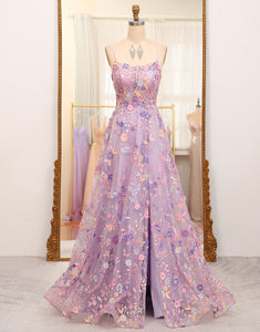 Mauve A Line Appliqued Long Prom Dress With Slit