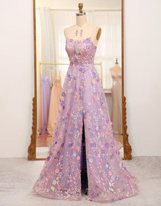 Mauve A Line Appliqued Long Prom Dress With Slit