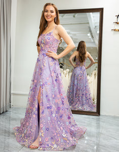 Mauve A Line Spaghetti Strap Appliqued Long Prom Dress With Slit