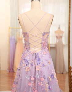 Mauve A Line Appliqued Long Prom Dress With Slit