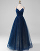 Sparkly Navy A Line Long Prom Dress With Slit