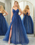Sparkly Navy A Line Long Prom Dress With Slit