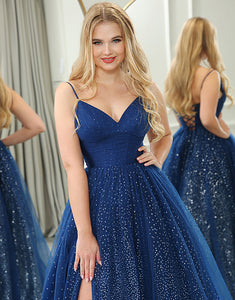 Sparkly Navy A Line Long Prom Dress With Slit