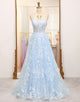 Sky Blue A Line Tulle Long Prom Dress With Appliques