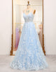 Sky Blue A Line Tulle Long Prom Dress With Appliques