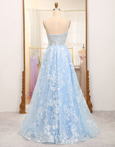 Sky Blue A Line Tulle Long Prom Dress With Appliques