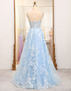 Sky Blue A Line Tulle Long Prom Dress With Appliques