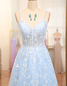 Sky Blue A Line Tulle Long Prom Dress With Appliques