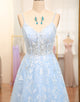 Sky Blue A Line Tulle Long Prom Dress With Appliques