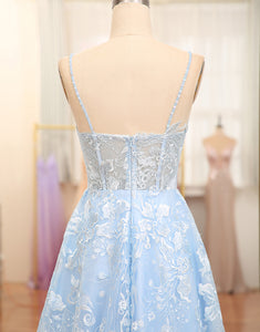 Sky Blue A Line Tulle Long Prom Dress With Appliques