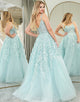 Mint A Line Long Appliqued Prom Dress With Slit