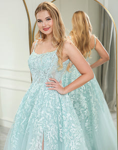 Mint A Line Long Appliqued Prom Dress With Slit