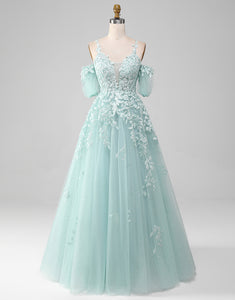 Mint A Line Off the Shoulder Long Prom Dress With Appliques