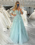 Mint A Line Off the Shoulder Long Prom Dress With Appliques