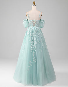 Mint A Line Off the Shoulder Long Prom Dress With Appliques