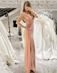 Sparkly Blush Mermaid Long Prom Dress With Slit
