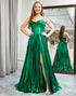 Sparkly Dark Green A-Line Cowl Neck Pleated Prom Dress With Slit