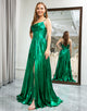 Sparkly Dark Green A-Line Cowl Neck Pleated Prom Dress With Slit