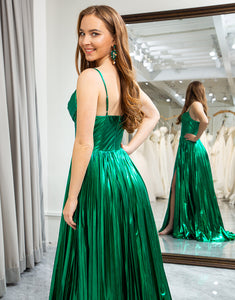Sparkly Dark Green A-Line Cowl Neck Pleated Prom Dress With Slit