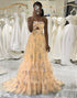 Yellow A-Line Spaghetti Straps Print Prom Dress with Sweep Train