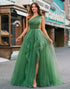 Dark Green A-Line Off The Shoulder Slit Prom Dress with Sweep Train