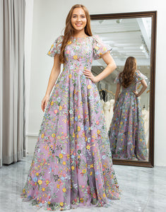 Mauve A-Line Embroidered Long Prom Dress With Appliqued