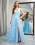 Sky Blue A Line Spaghetti Straps Beaded Prom Dress With Slit