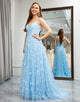 Sky Blue A Line Spaghetti Straps Beaded Prom Dress With Slit
