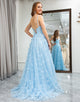 Sky Blue A Line Spaghetti Straps Beaded Prom Dress With Slit