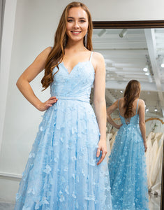 Sky Blue A Line Spaghetti Straps Beaded Prom Dress With Slit