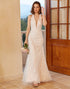 Mermaid Deep V Neck White Lace Wedding Dress with Appliques