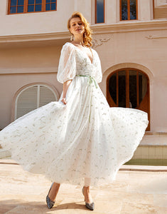 Print Tulle Midi Wedding Dress