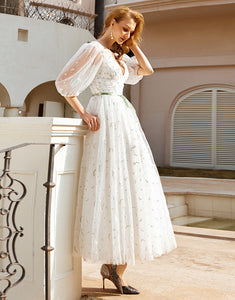 Print Tulle Midi Wedding Dress