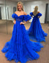 Royal Blue A Line Off The Shoulder Long Prom Dress with Ruffles