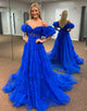 Royal Blue A Line Off The Shoulder Long Prom Dress with Ruffles
