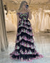 A Line Off the Shoulder Black Pink Long Prom Dress with Appliques
