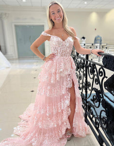 A Line Off the Shoulder Fuchsia Long Prom Dress with Appliques